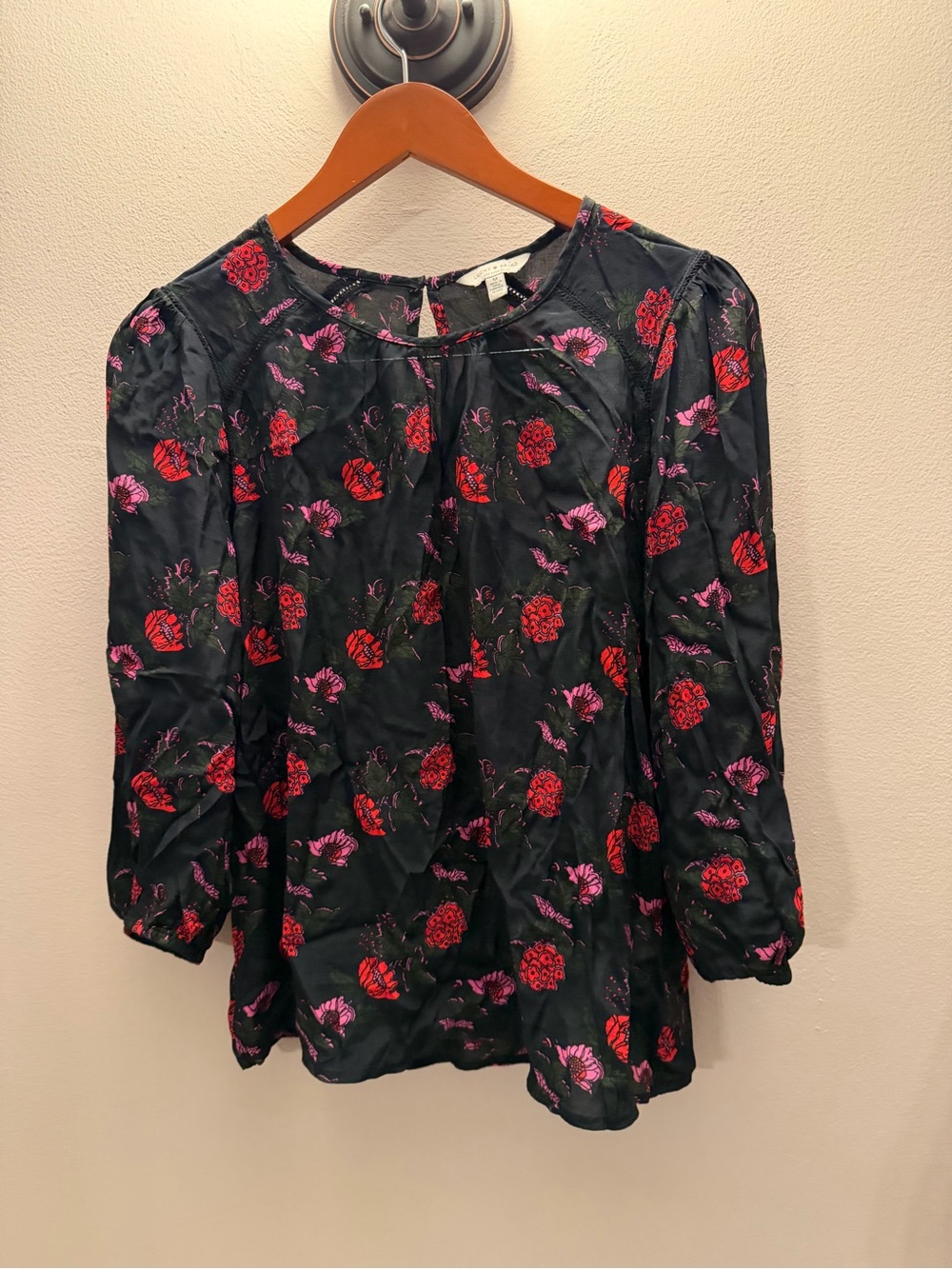 Lucky Brand Black Satin Blouse with Red & Pink Floral Print
